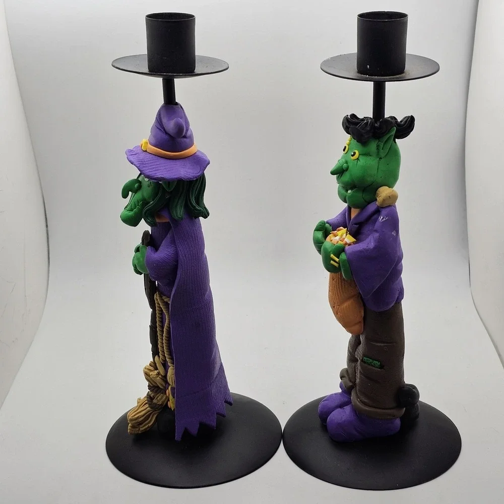 Halloween Candlestick Holders Witch & Frankenstein Polymer Clay 9.0